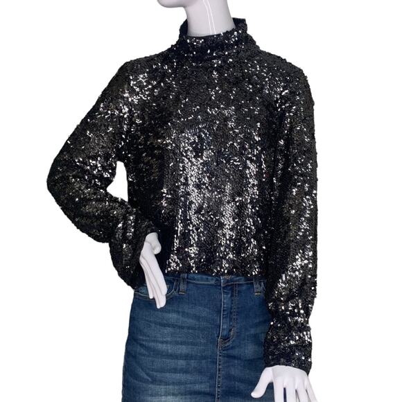 Free People Moonstruck Open Back Black Sequins Top Long Sleeve Size S - Picture 2 of 16